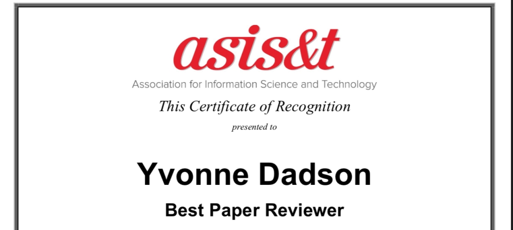 Yvonne Appiah Dadson receives Best Reviewer Award from the Association for Information Science & Technology (ASIS&T).